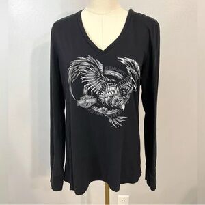 Harley Davidson Rhinestone Embellished Bling Eagle Long Sleeve V-Neck Y2K Large